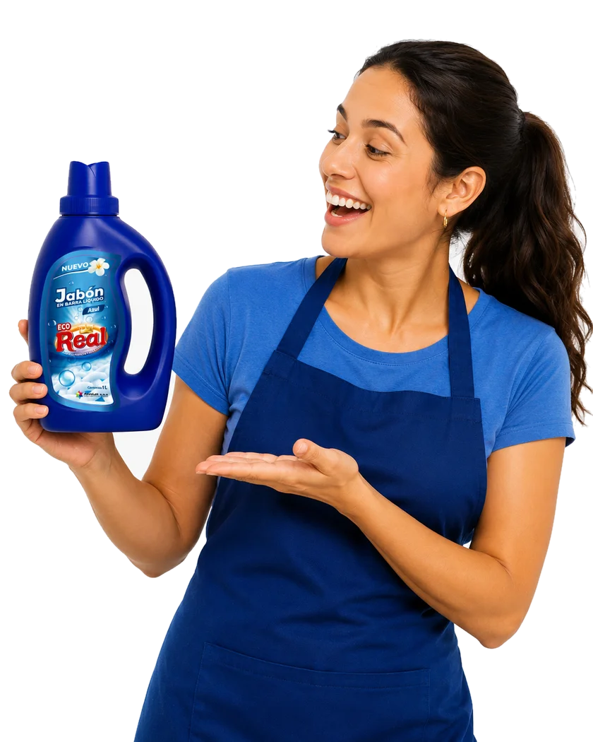 Mujer sosteniendo Jabón Líquido Eco Real de 1 litro