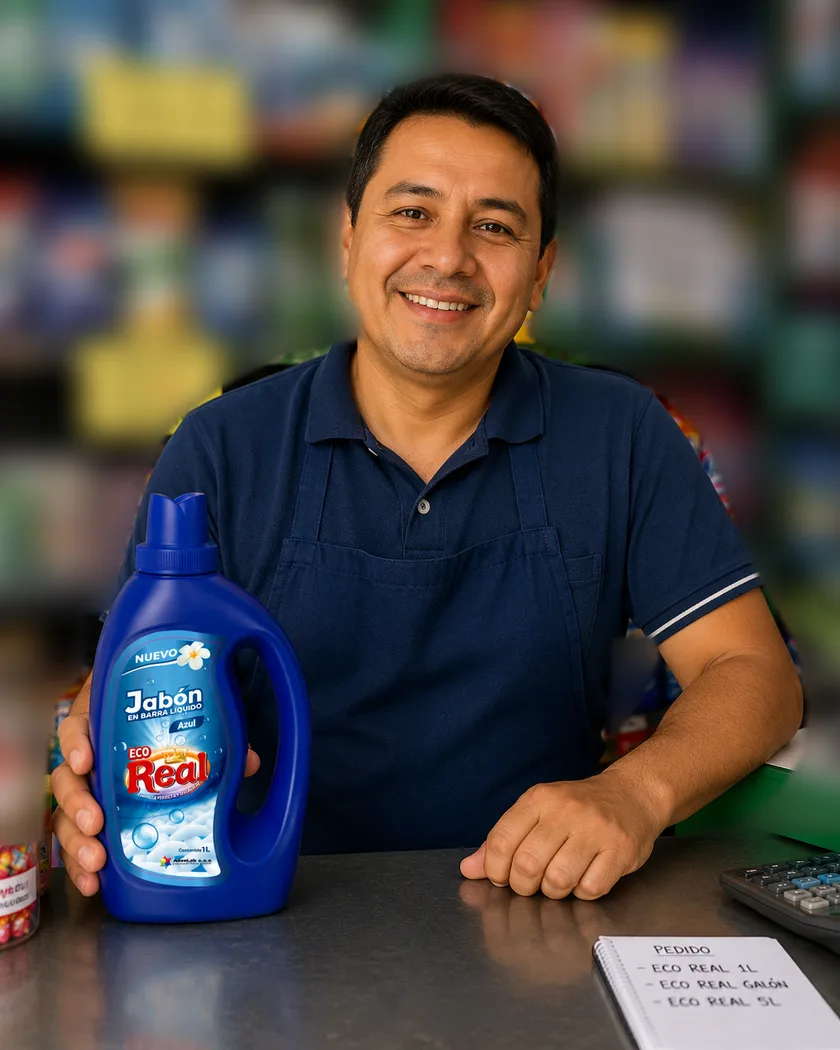 Tendero en su mostrador con Jabón Líquido Eco Real